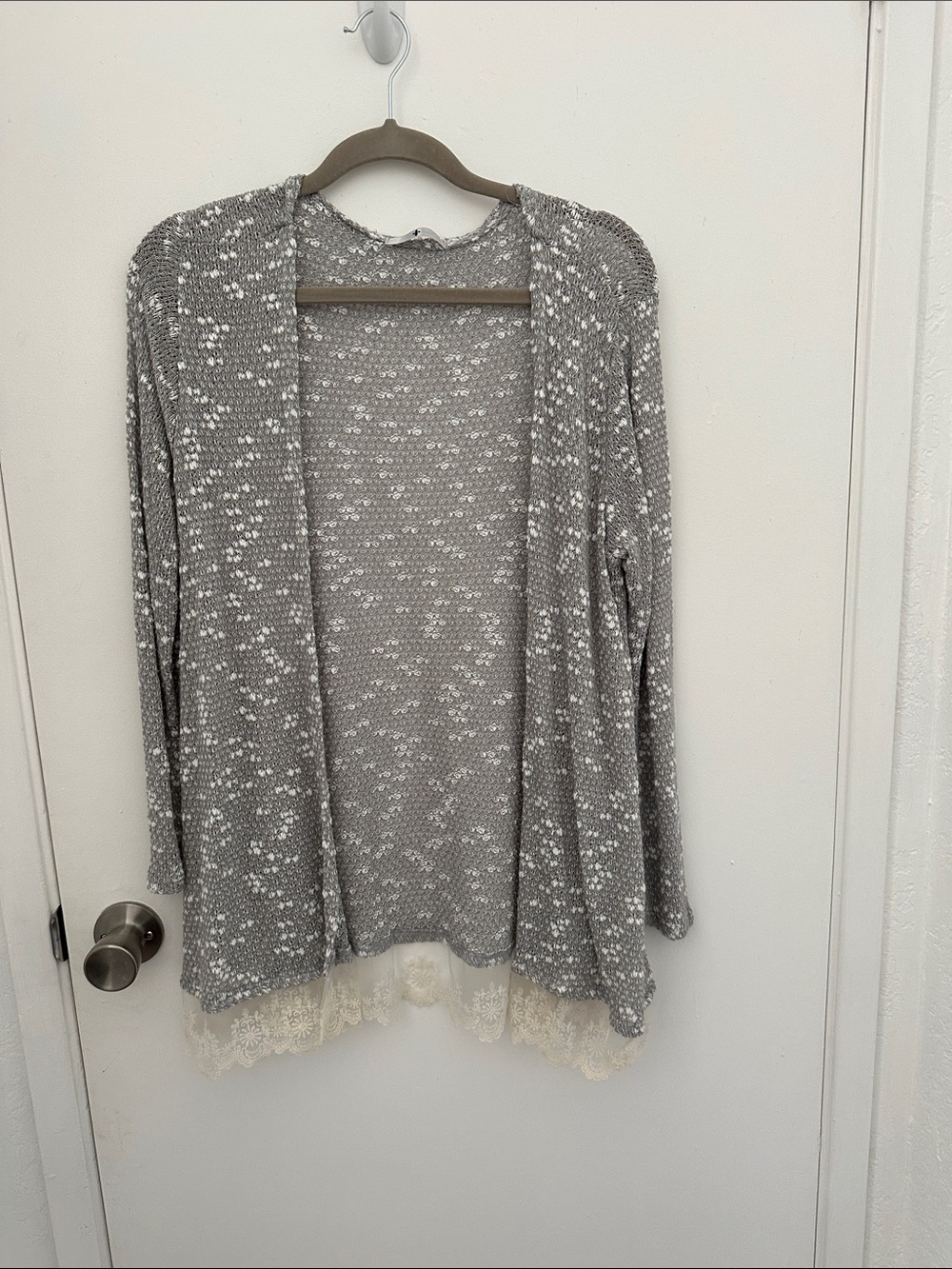 Blu Planet Gray Open Cardigan with Cream Lace Hem